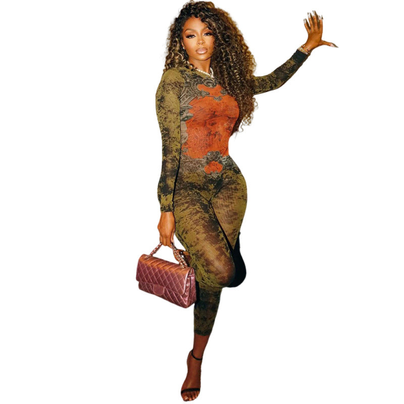 Damen Jumpsuit mit Print, Mesh und hohem Bund