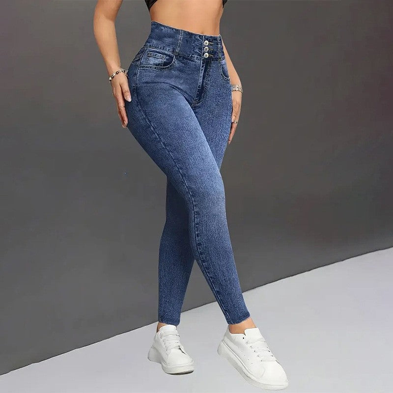 Denim-Look Leggings mit hohem Bund