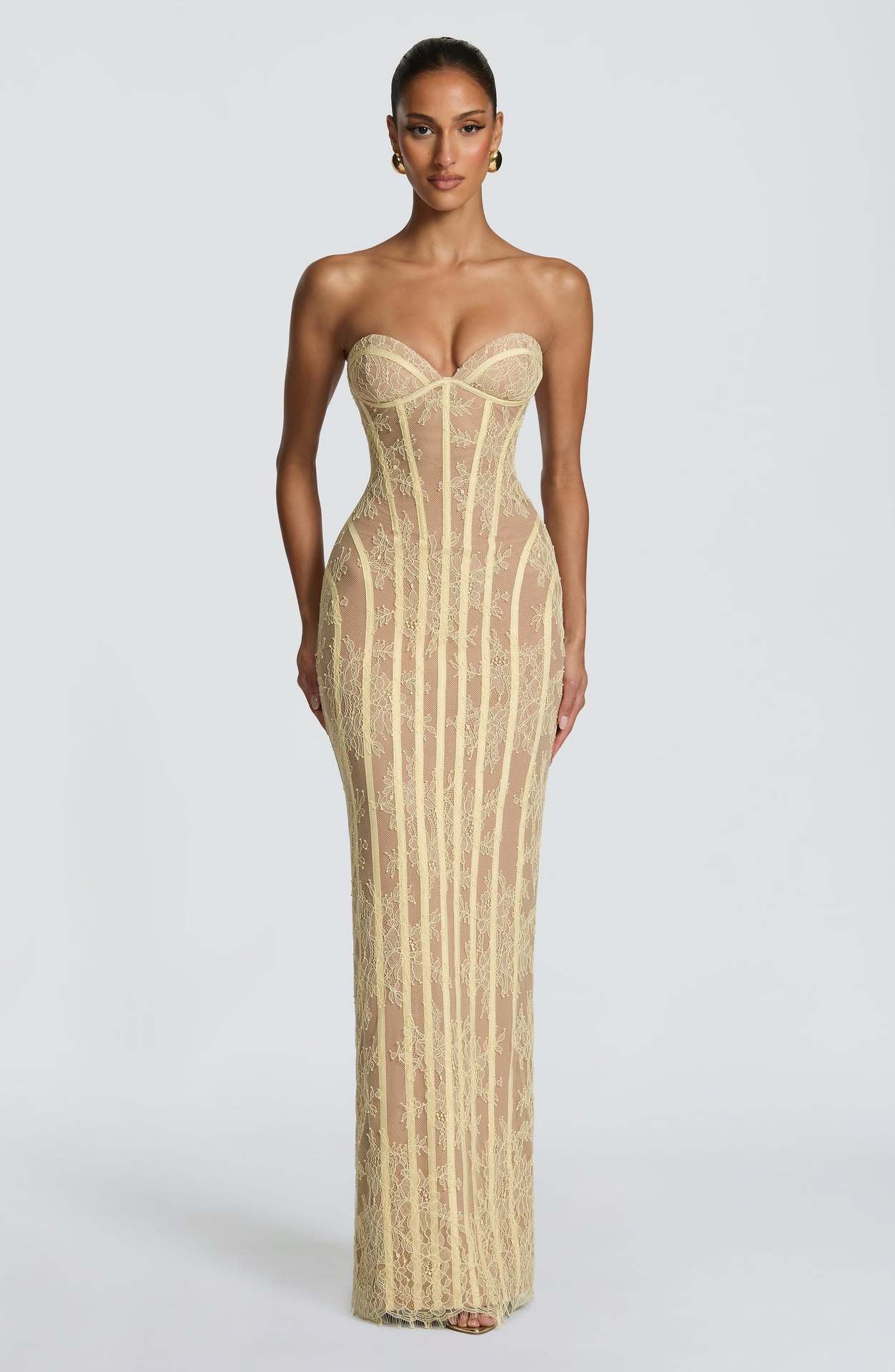 Abendkleid mit Streifen, Spitze & Off-Shoulder