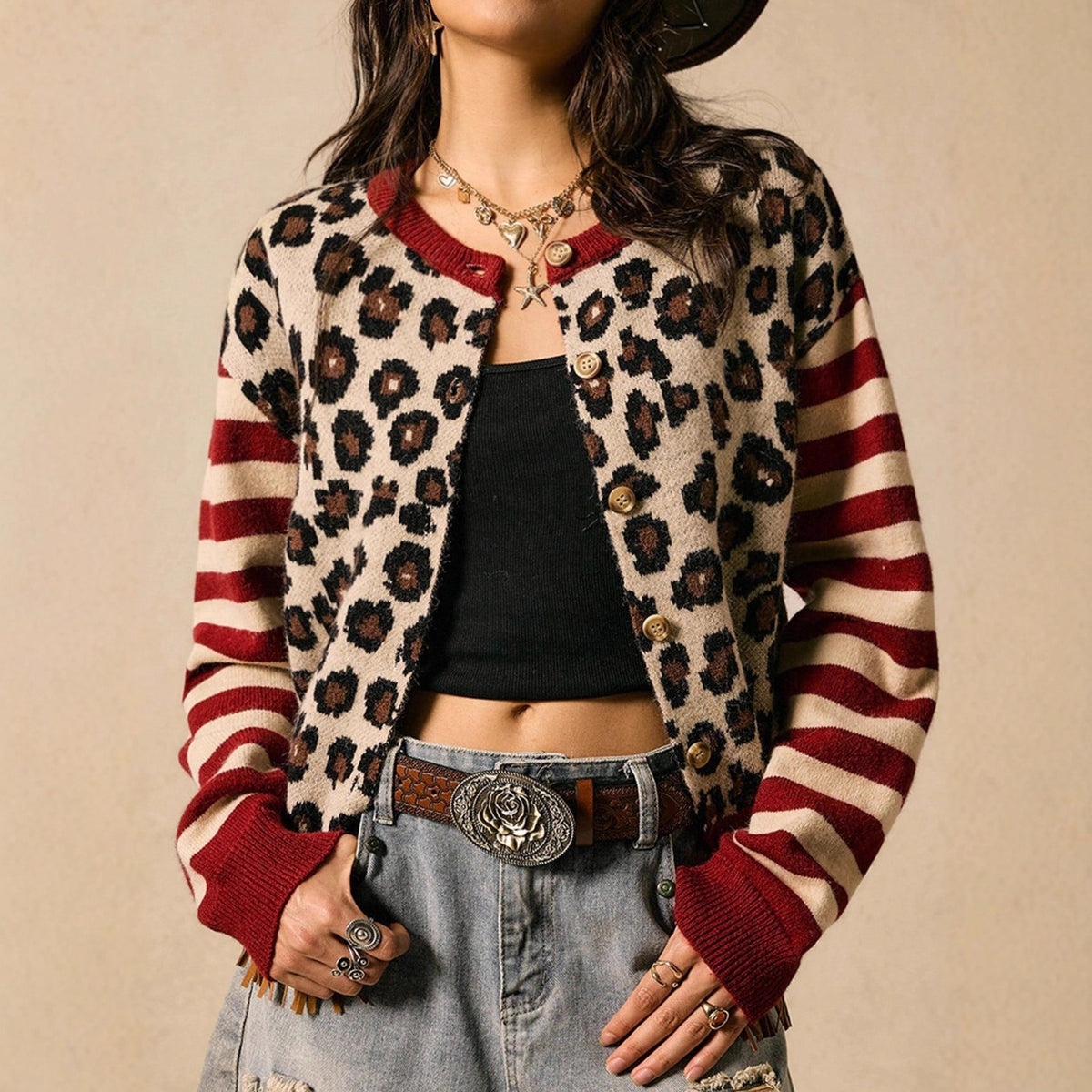 Gestreiftes Top & Cardigan mit Leopardenmuster – Bild 6 | LuxeStyle