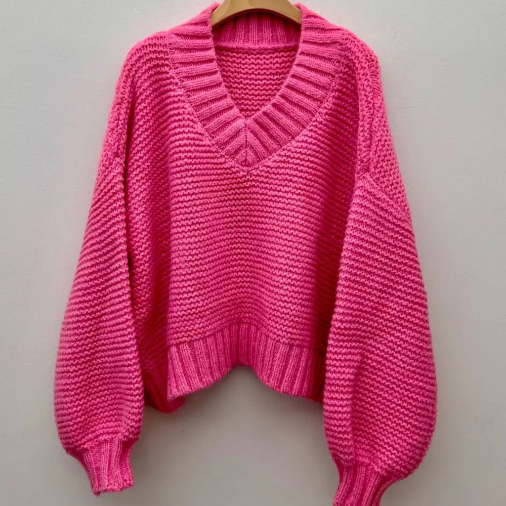 Grobstick-Pullover mit V-Ausschnitt