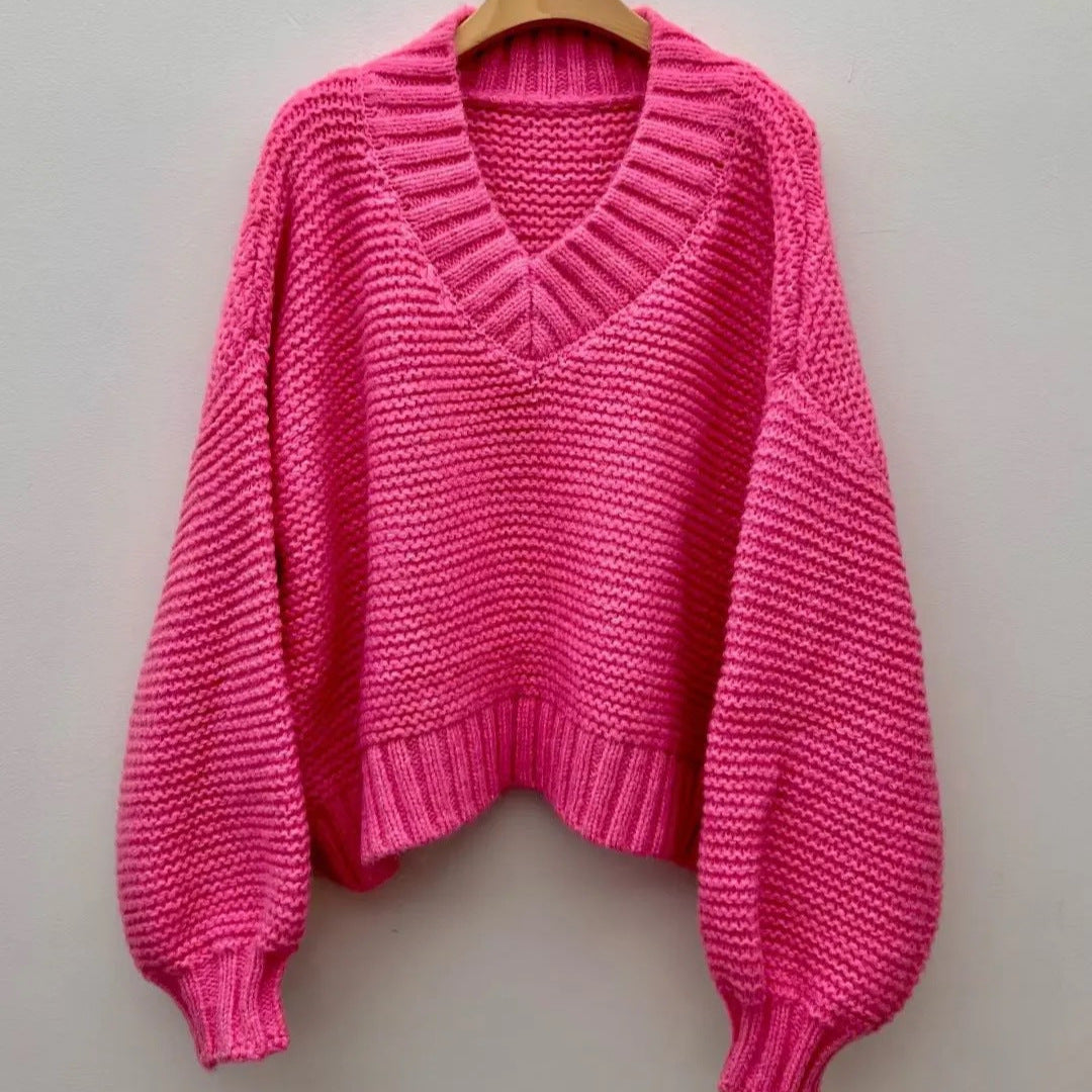 Grobstick-Pullover mit V-Ausschnitt