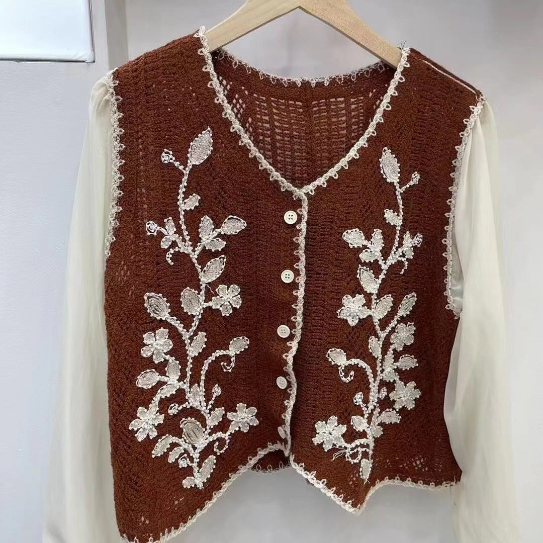 Retro V-Neck Besticktes Langarmshirt – Ansicht 6
