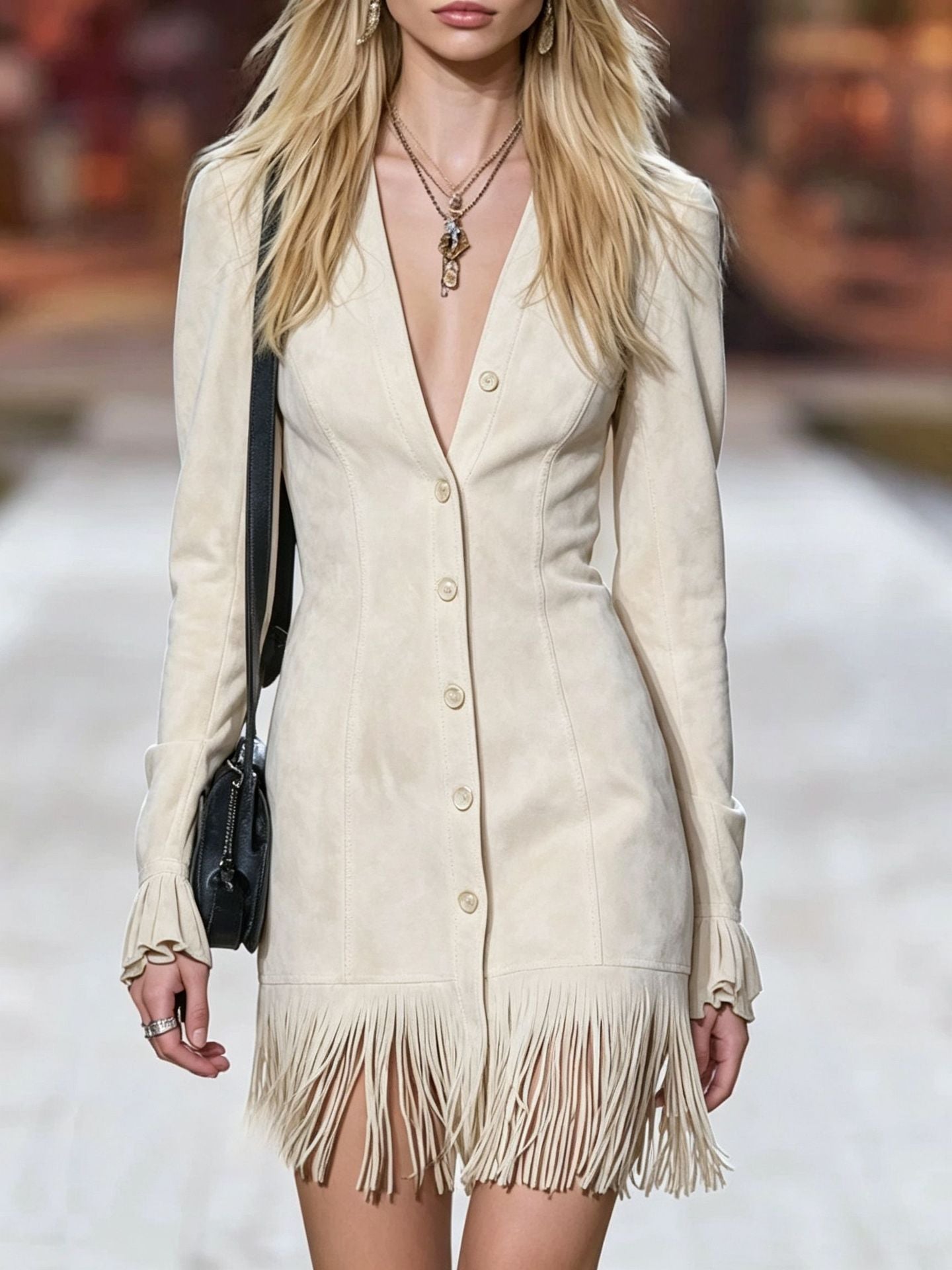 V-Ausschnitt Langarm Tassel Mini-Rock