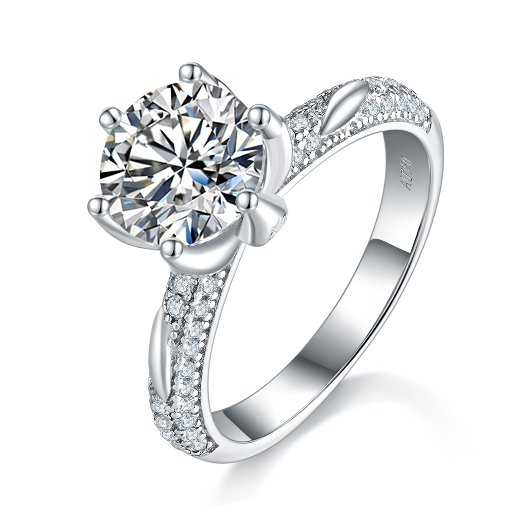 S925 Silber 2ct Rundes Moissanit Ring, 8mm D-VVS1 6-Prong Pave Band, P