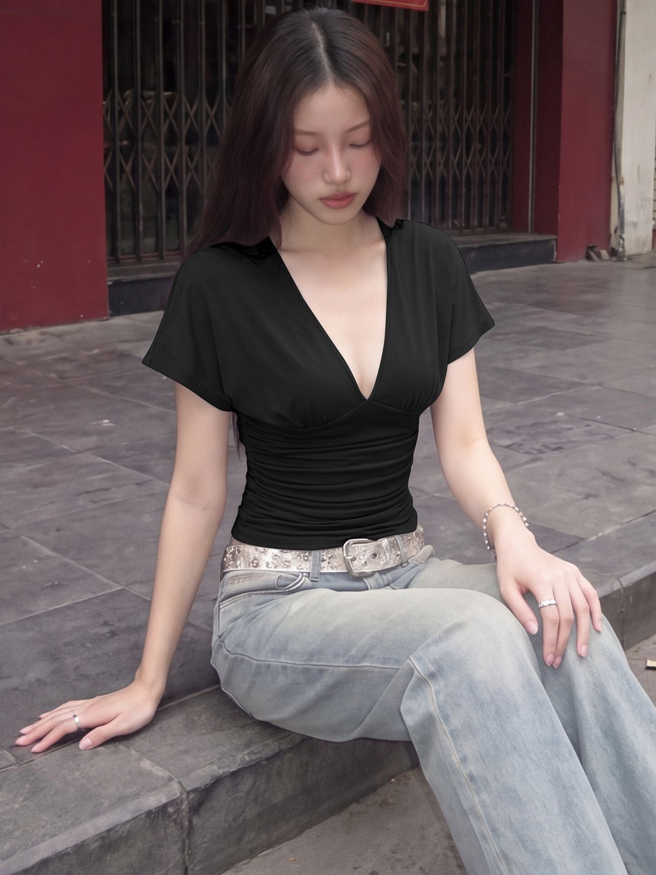 Französisches V-Neck Shirt mit Raffung