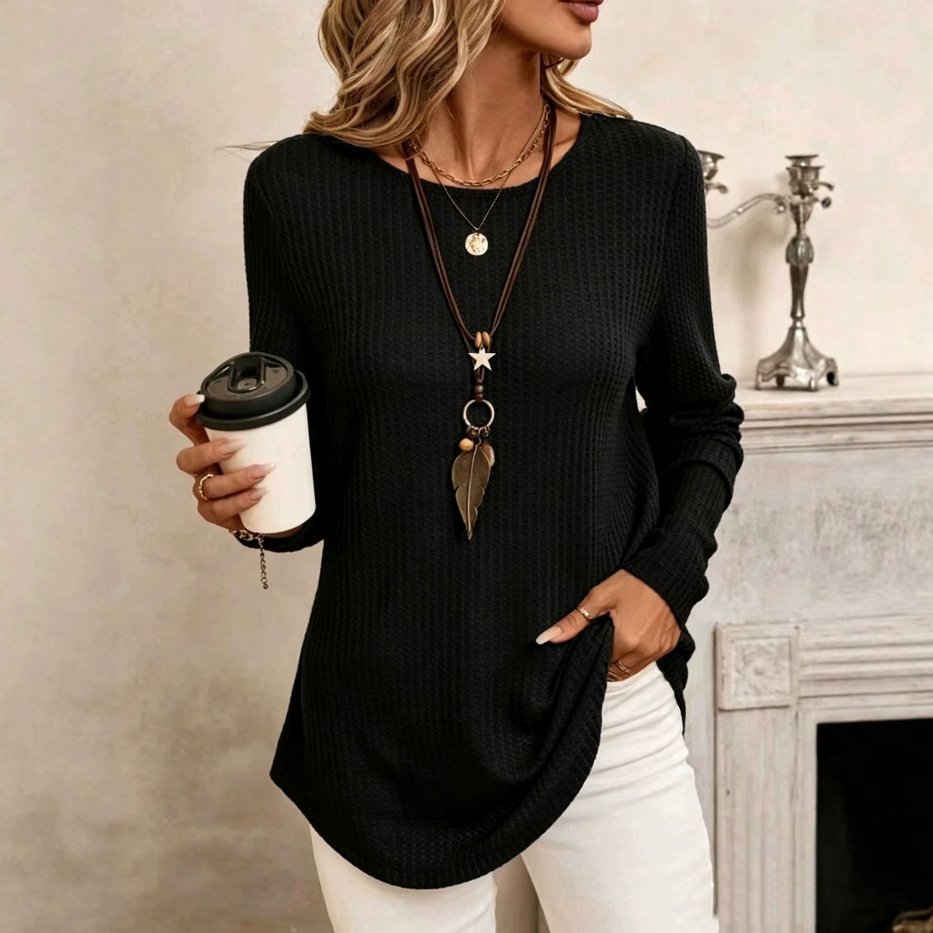 Waffle-Strick Langarmshirt mit Rückenknöpfen