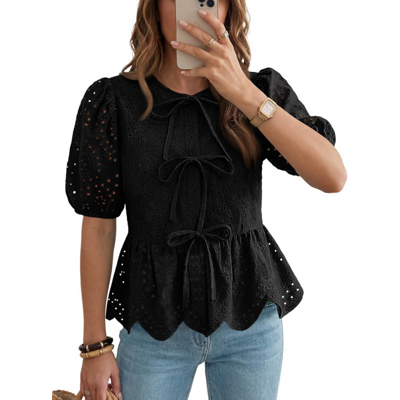Rüschen-Top mit Puffärmeln und Schnürgürtel – Bild 4 | LuxeStyle