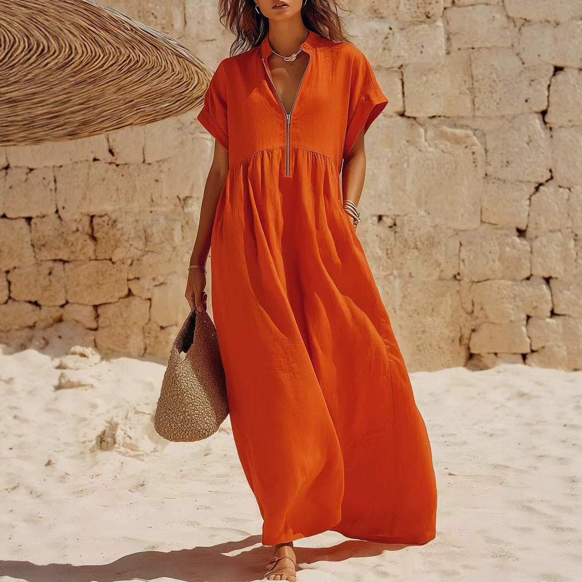 Langes Leinenkleid mit Reissverschluss | LuxeStyle