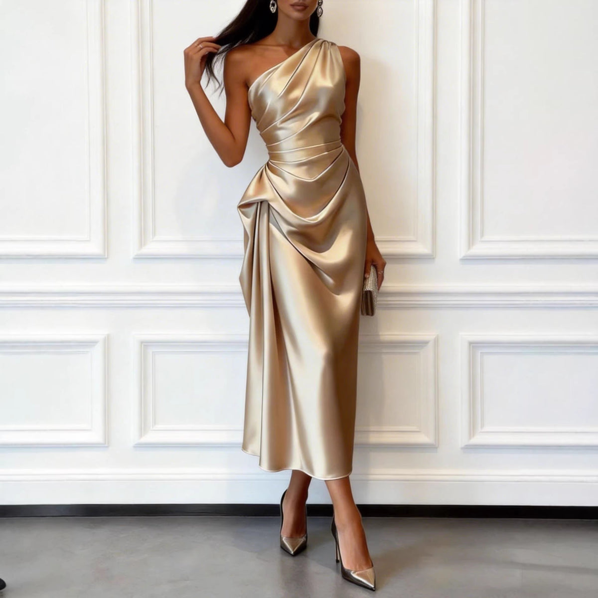 Satin Off-Shoulder Midikleid mit hoher Taille – Bild 7 | LuxeStyle