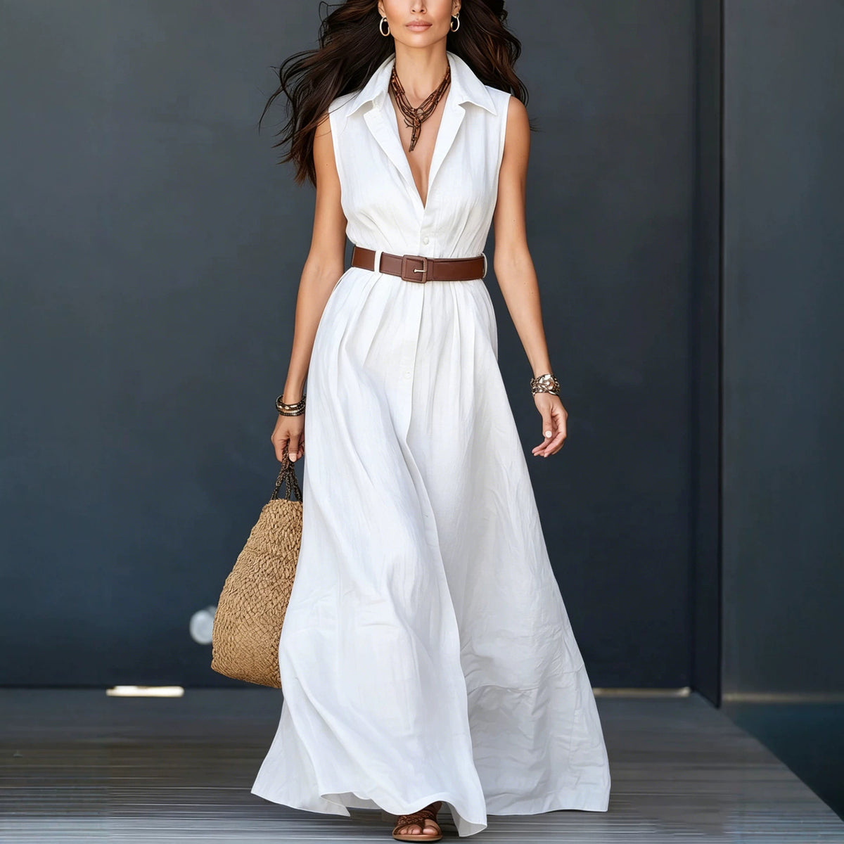 Ärmelloses Hemdkleid mit Revers und Taillengürtel – Bild 2 | LuxeStyle