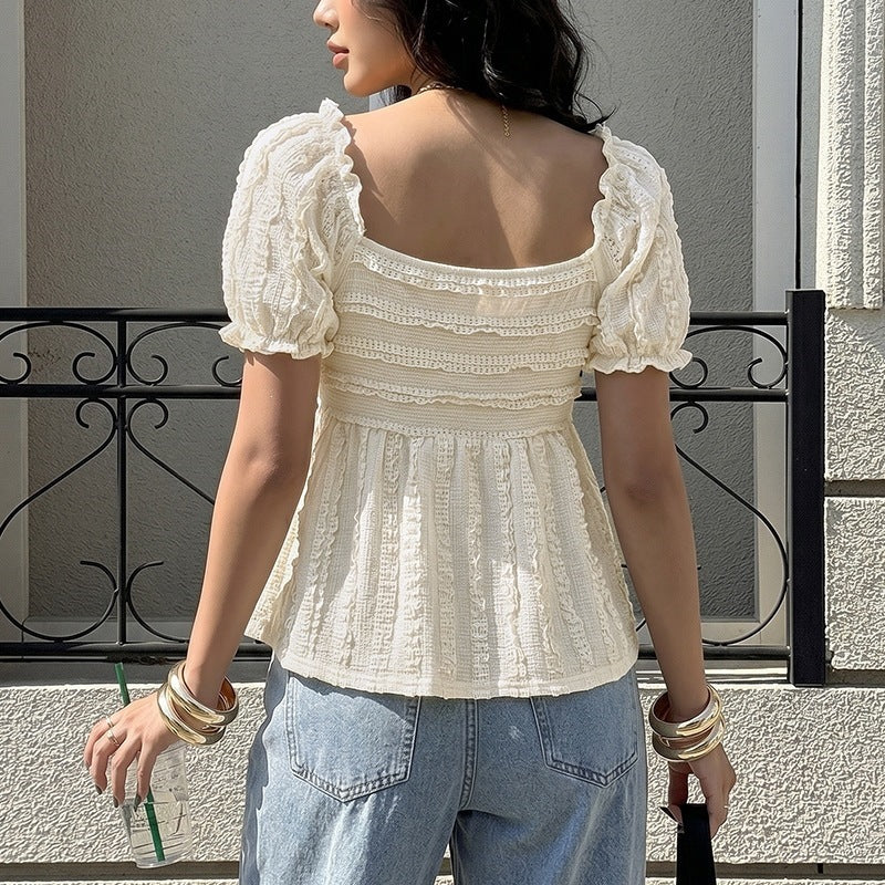 Jacquard Plissee Top mit Puffärmeln