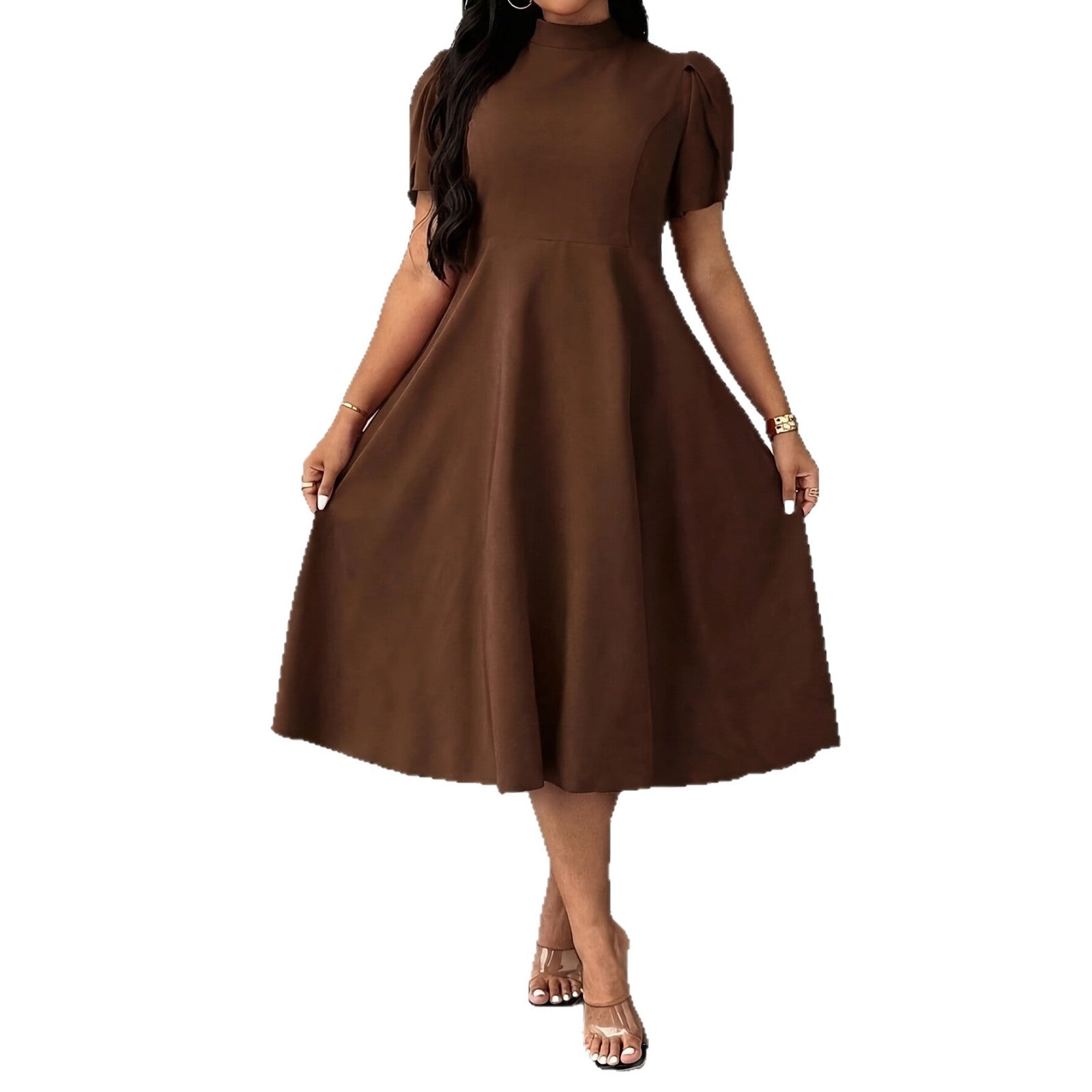 Knielanges A-Linien Kleid mit Halbhohem Kragen