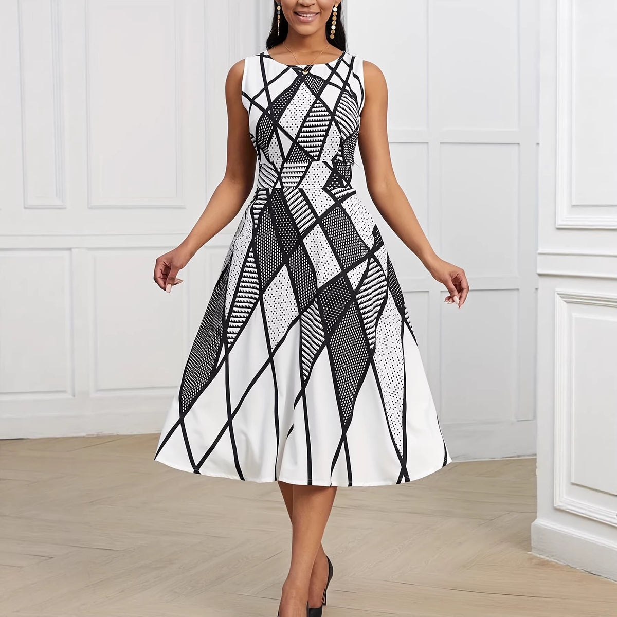 Ärmelloses A-Linien Kleid mit geometrischem Muster – Bild 6 | LuxeStyle