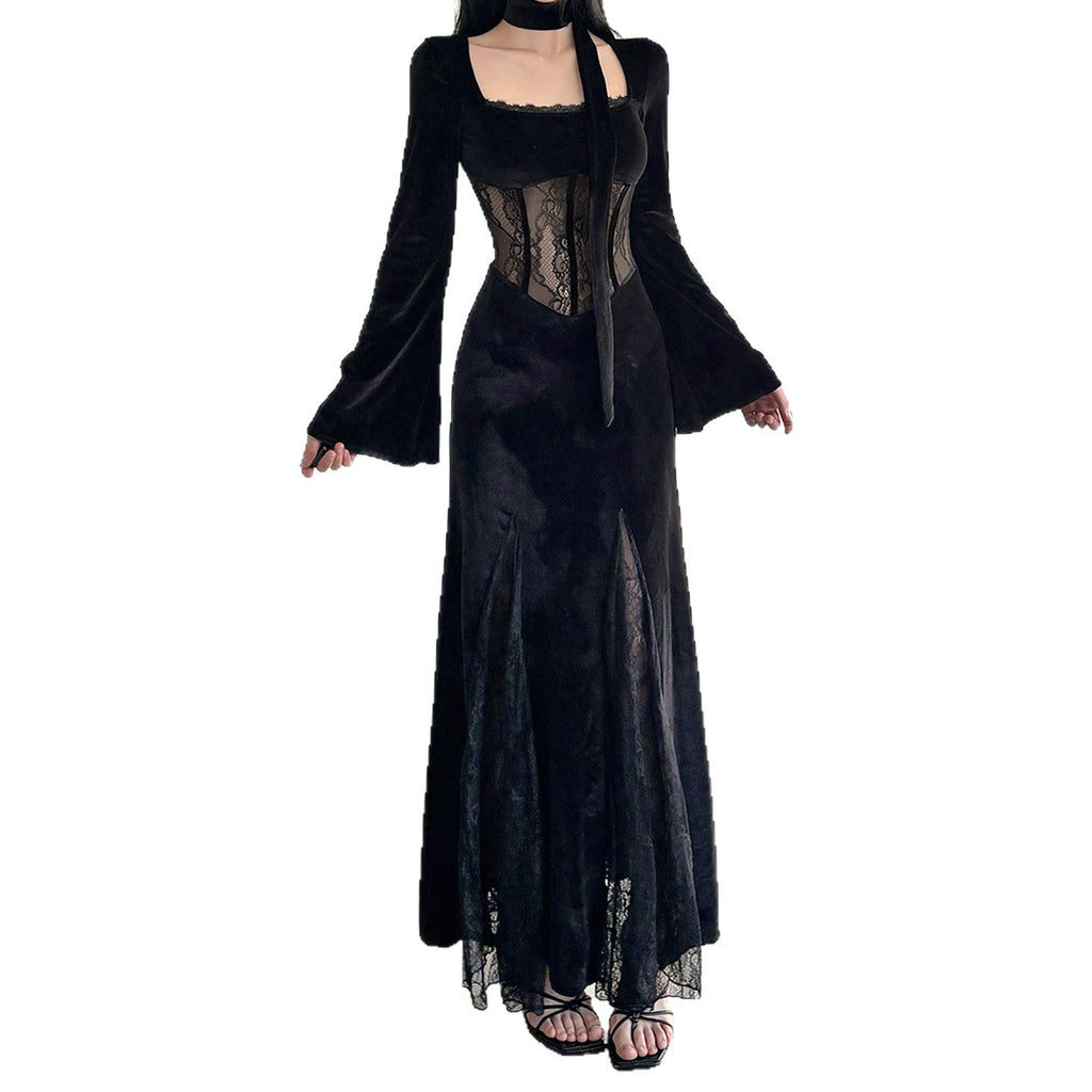 Schwarzes Samtkleid mit hoher Taille und Spitzeneinlage – Bild 3 | LuxeStyle