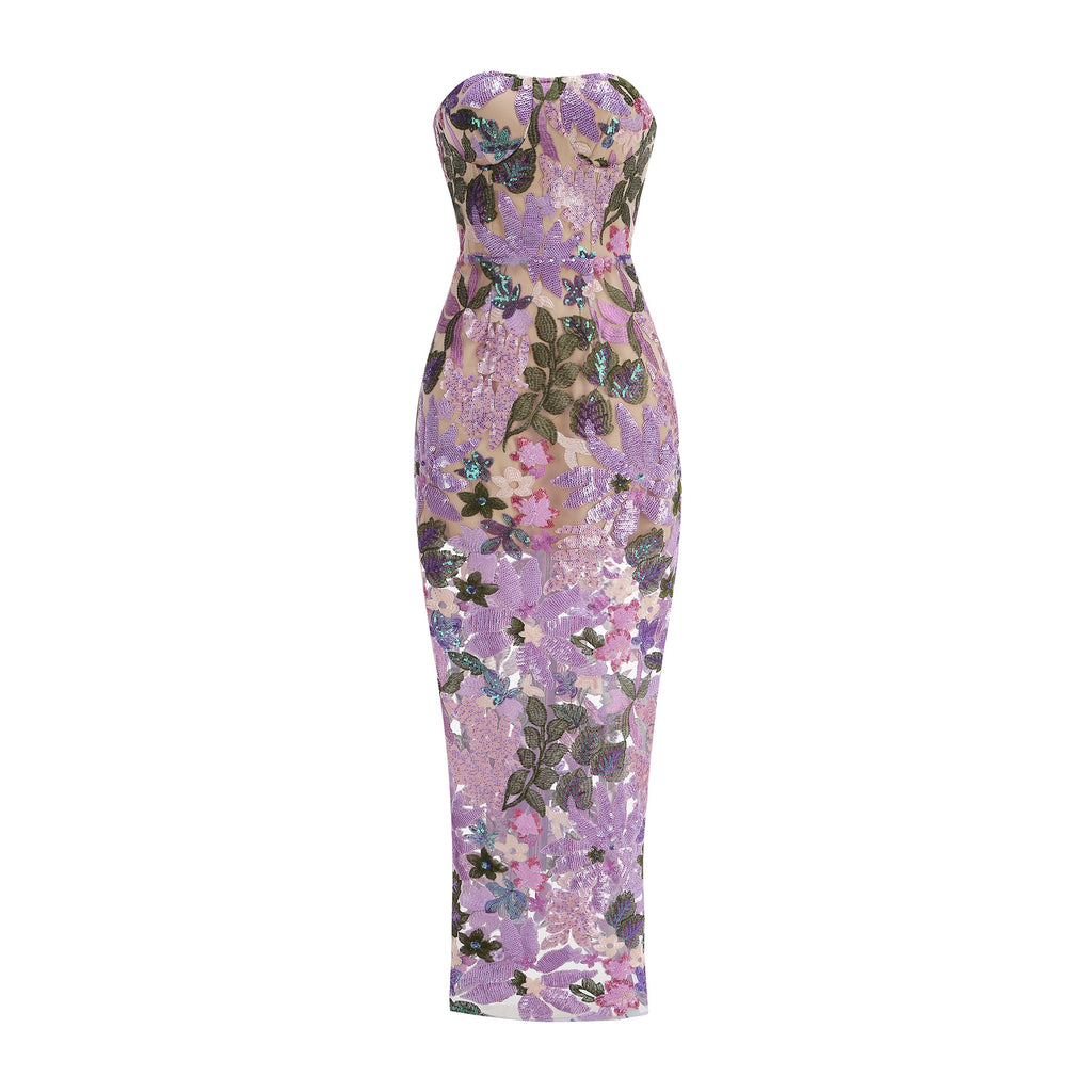 Besticktes, trägerloses Maxikleid mit Blumenmuster – Bild 3 | LuxeStyle