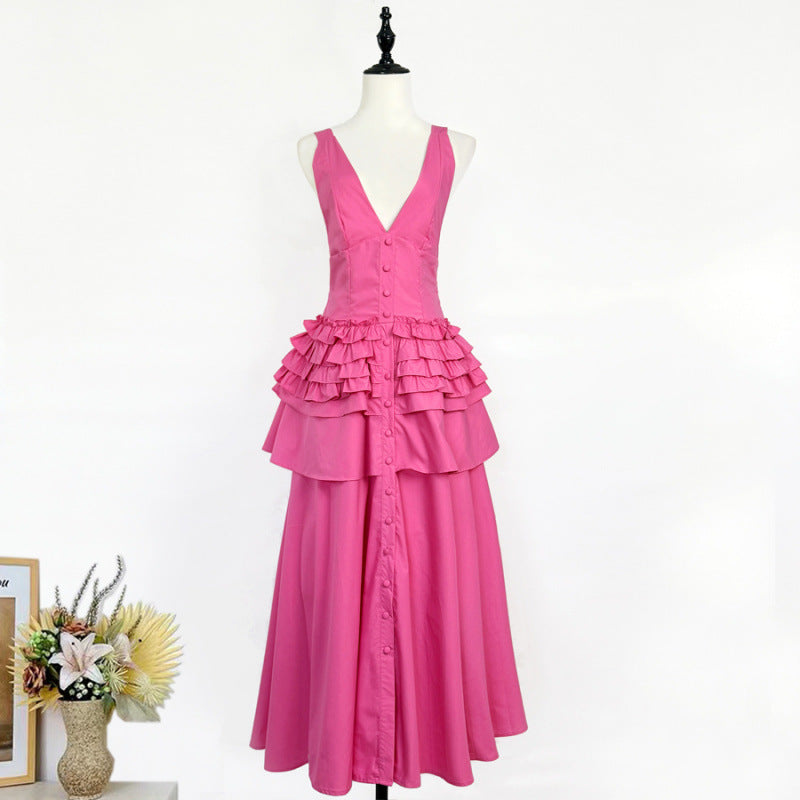 Retro-Stil Halter-Ausschnitt Rüschentier-Midi-Kleid – Bild 4 | LuxeStyle
