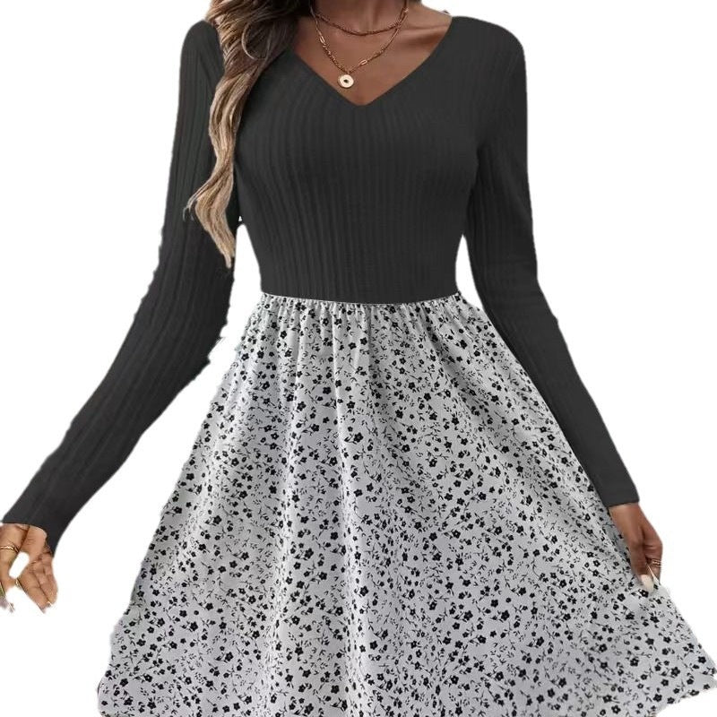 Patchwork-Blumen-Kleid mit V-Ausschnitt – Bild 2 | LuxeStyle