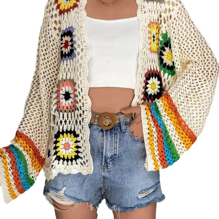 Gehäkelter Floral-Pullover mit Farbblöcken – Ansicht 8