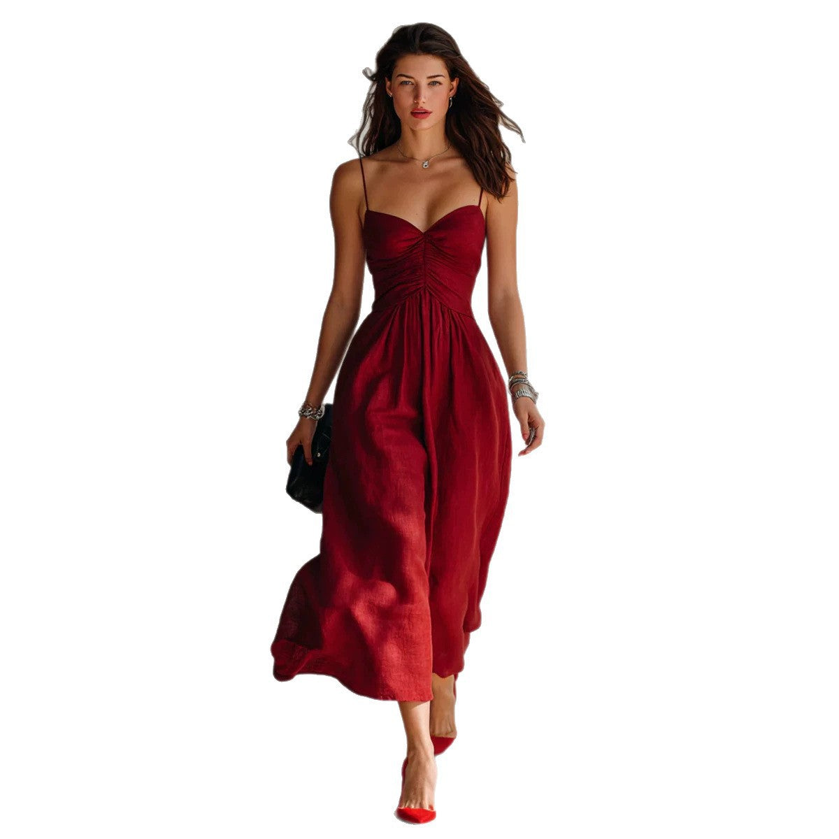 Sommer-Strap-Dress mit Falten in Rot, Schwarz & Weiß