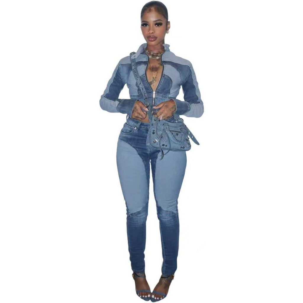 Patchwork Color-Block Denim Zweiteiler