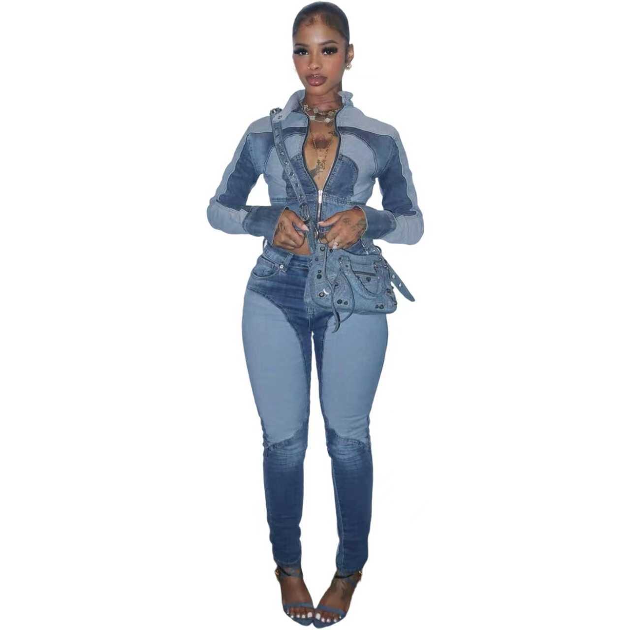 Patchwork Color-Block Denim Zweiteiler