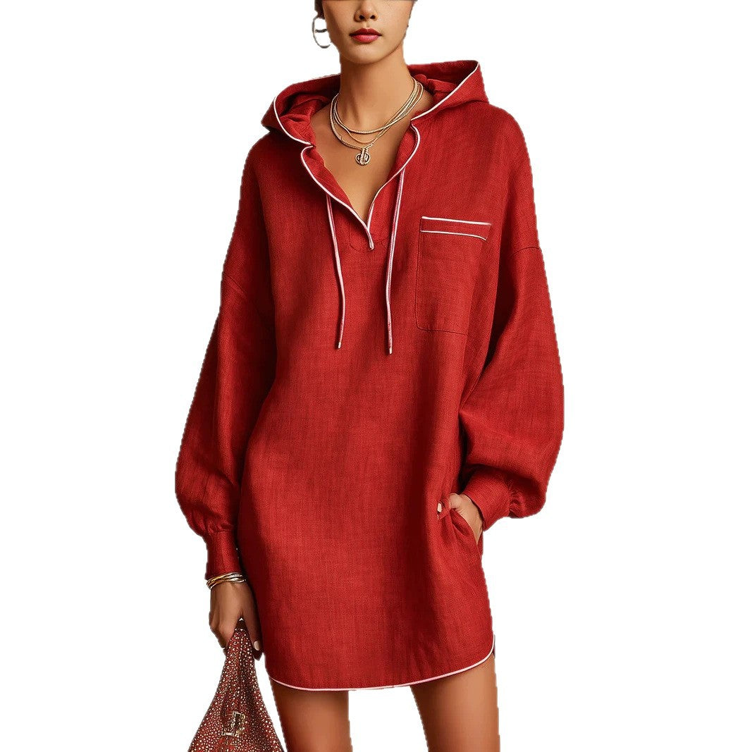 Midi-Kleid mit Kapuze und Kordelzug