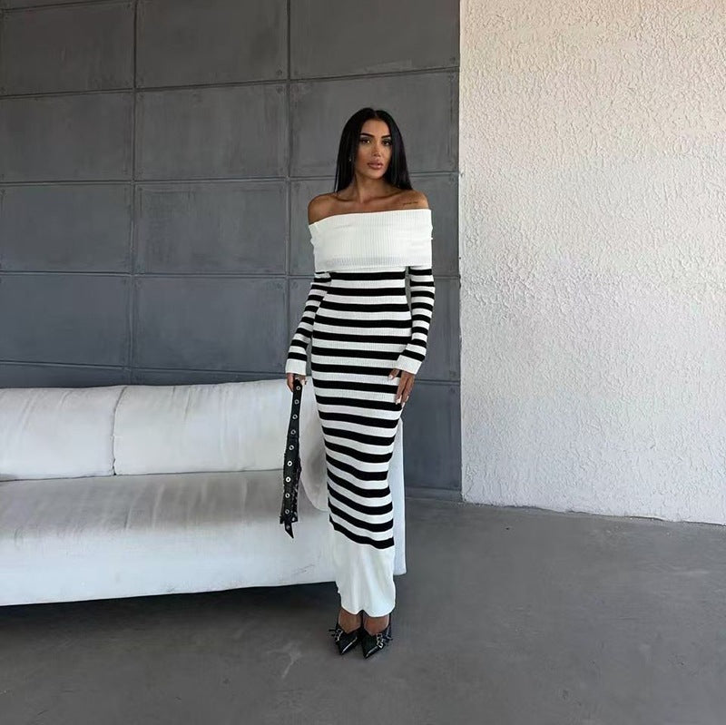 Schulterfreies Strickkleid gestreift – Bild 4 | LuxeStyle