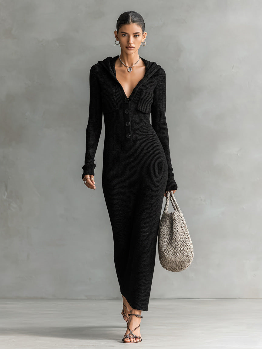Strickkleid Slim-Fit mit Kapuze und Halbrock