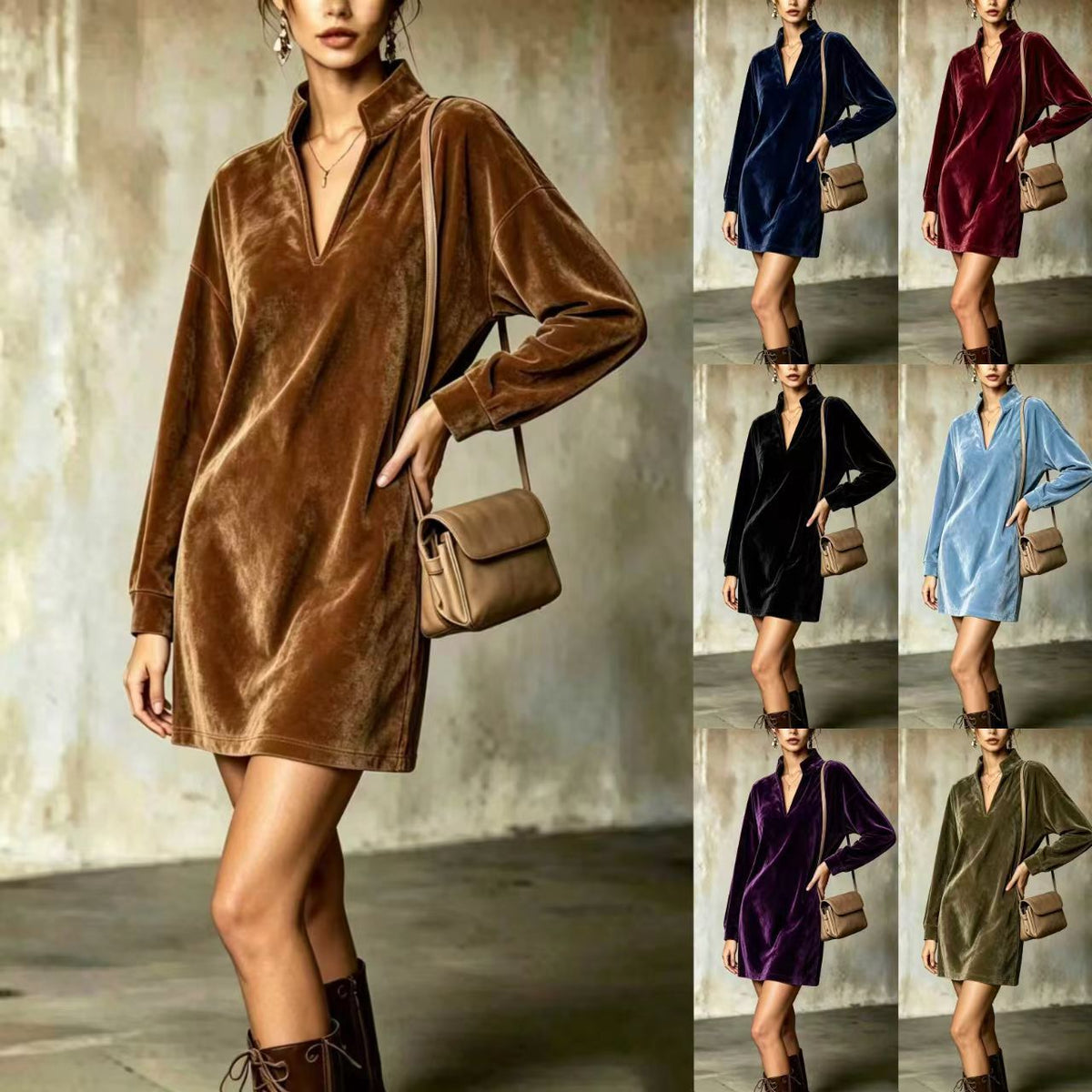 Samtkleid mit Stehkragen und V-Ausschnitt – Bild 2 | LuxeStyle