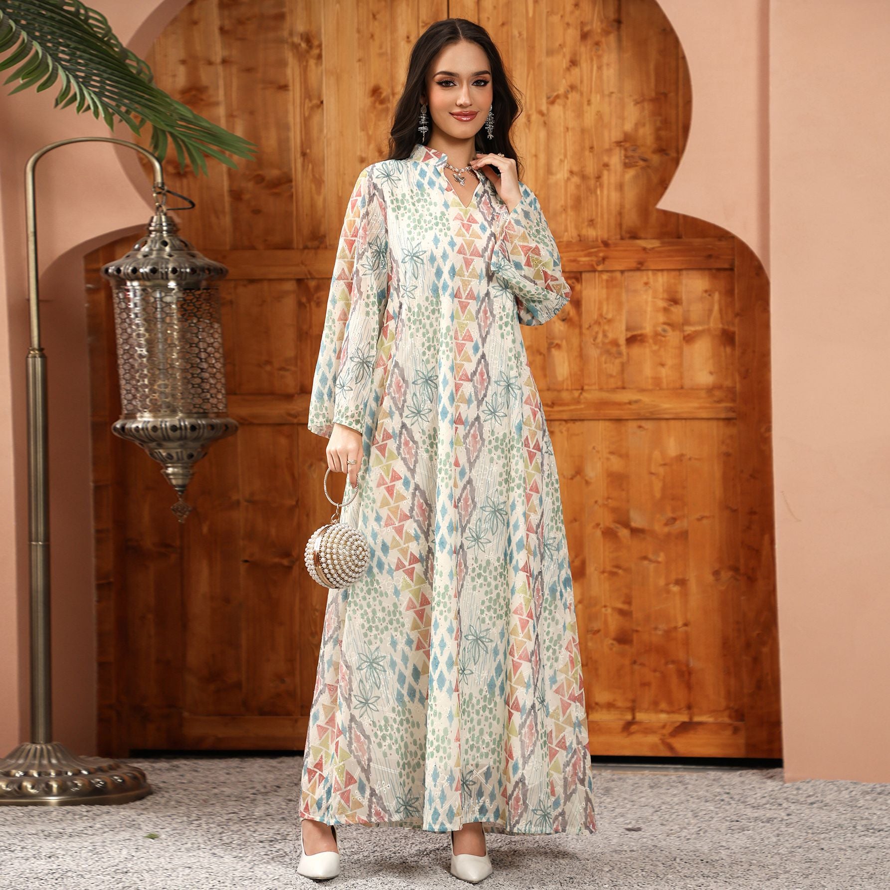 Besticktes Langarm-Freizeitkleid mit Print