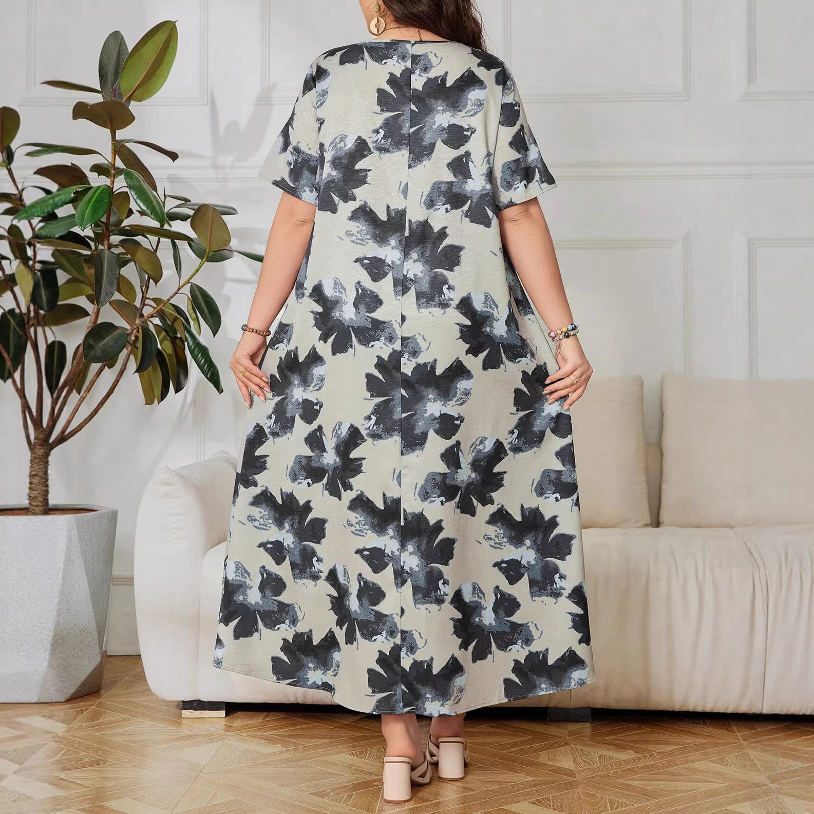 Bedrucktes V-Ausschnitt A-Linien Kleid