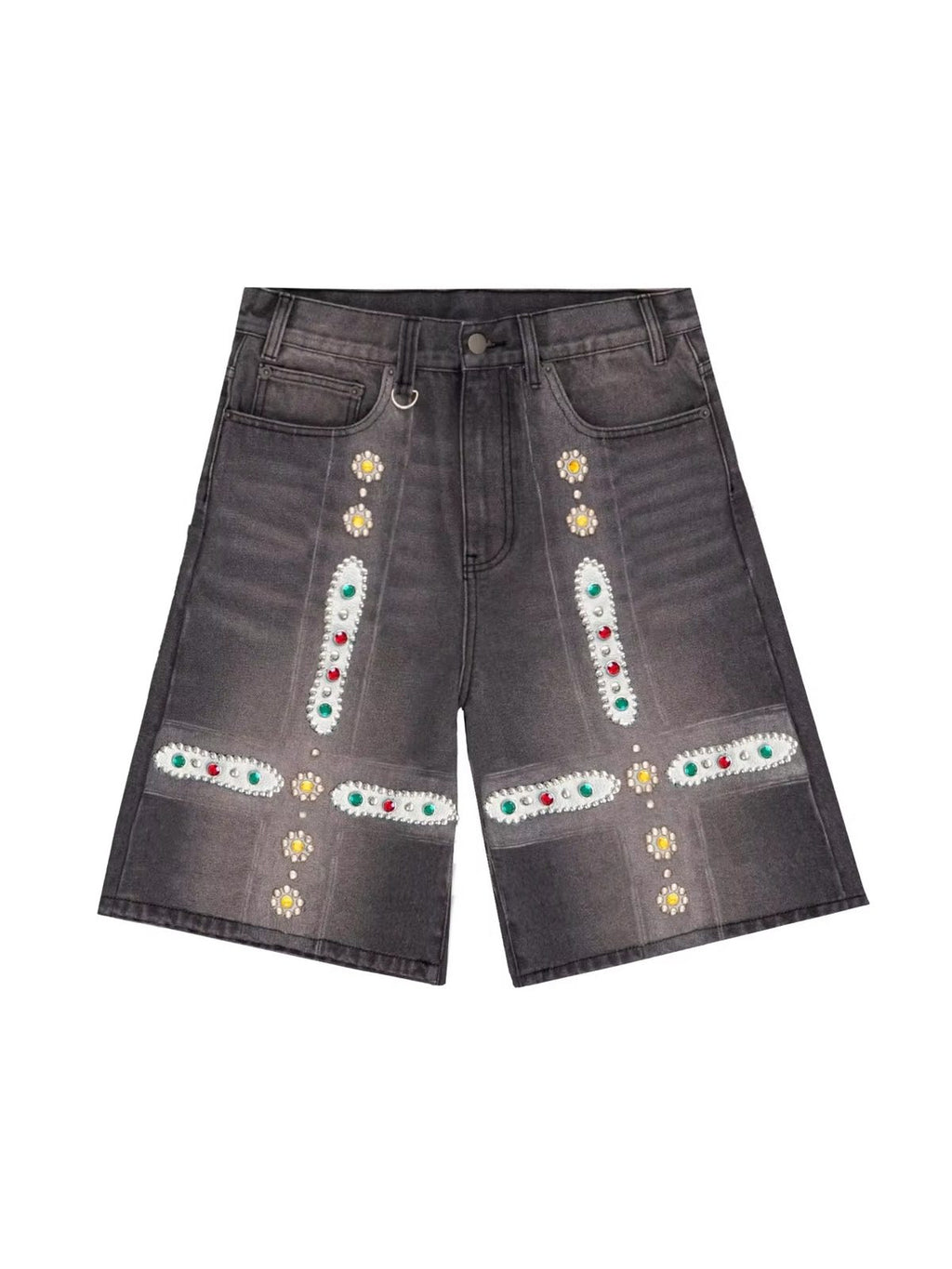 Leder-Patchwork Shorts mit Nieten und Strass