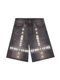 Leder-Patchwork Shorts mit Nieten und Strass