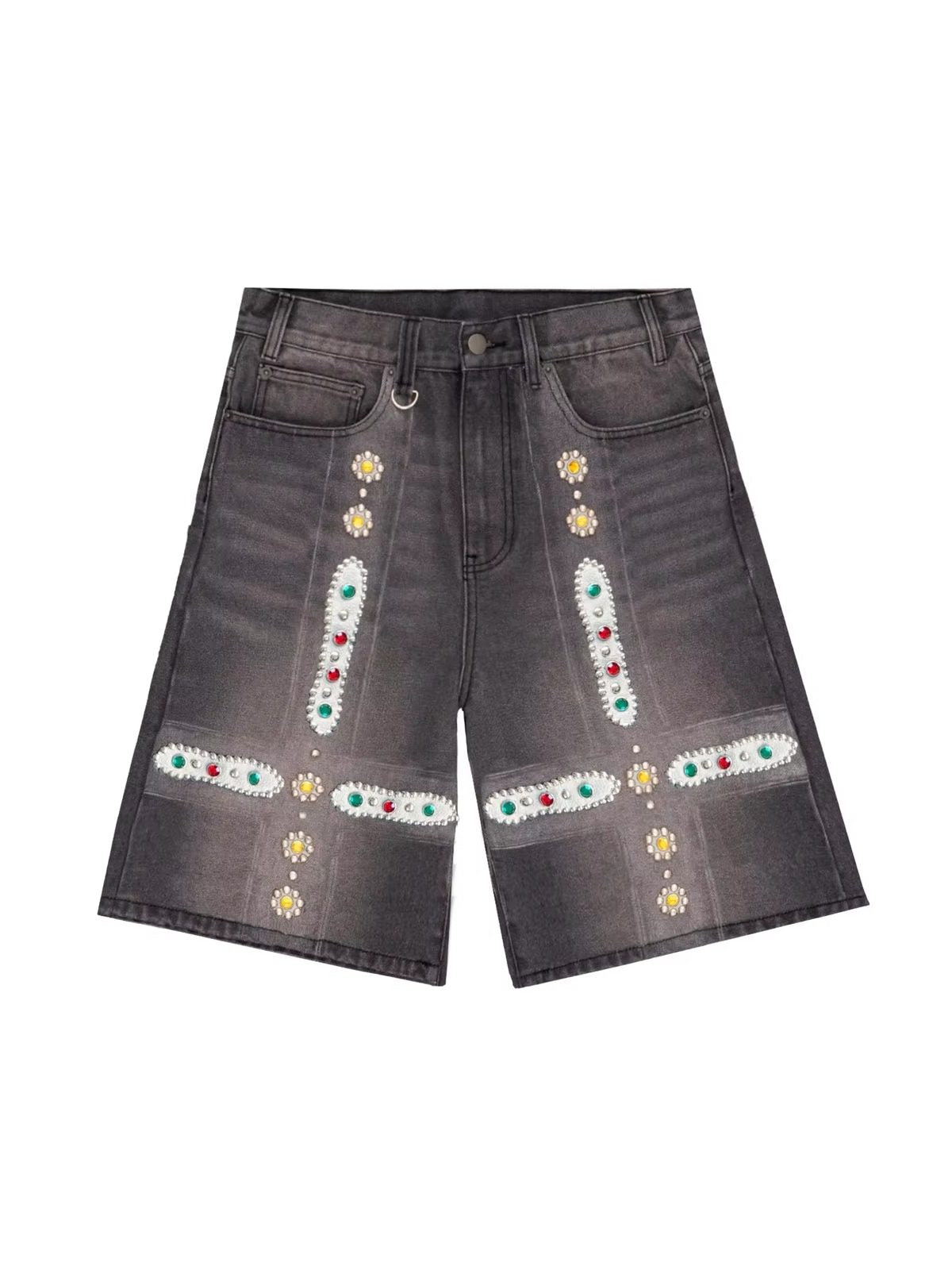 Leder-Patchwork Shorts mit Nieten und Strass