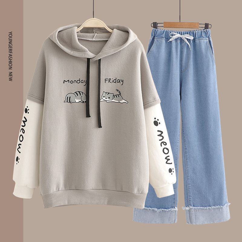 Hoodie-Set mit geradem Bein im Preppy-Stil