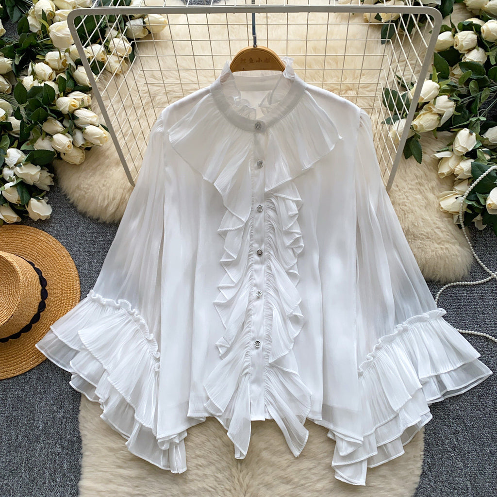 Unifarbene Bluse mit Rüschensaum