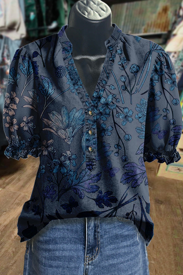 Geblümtes V-Neck Shirt mit Rüschenärmeln – Bild 6 | LuxeStyle