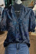 Geblümtes V-Neck Shirt mit Rüschenärmeln – Bild 7 | LuxeStyle