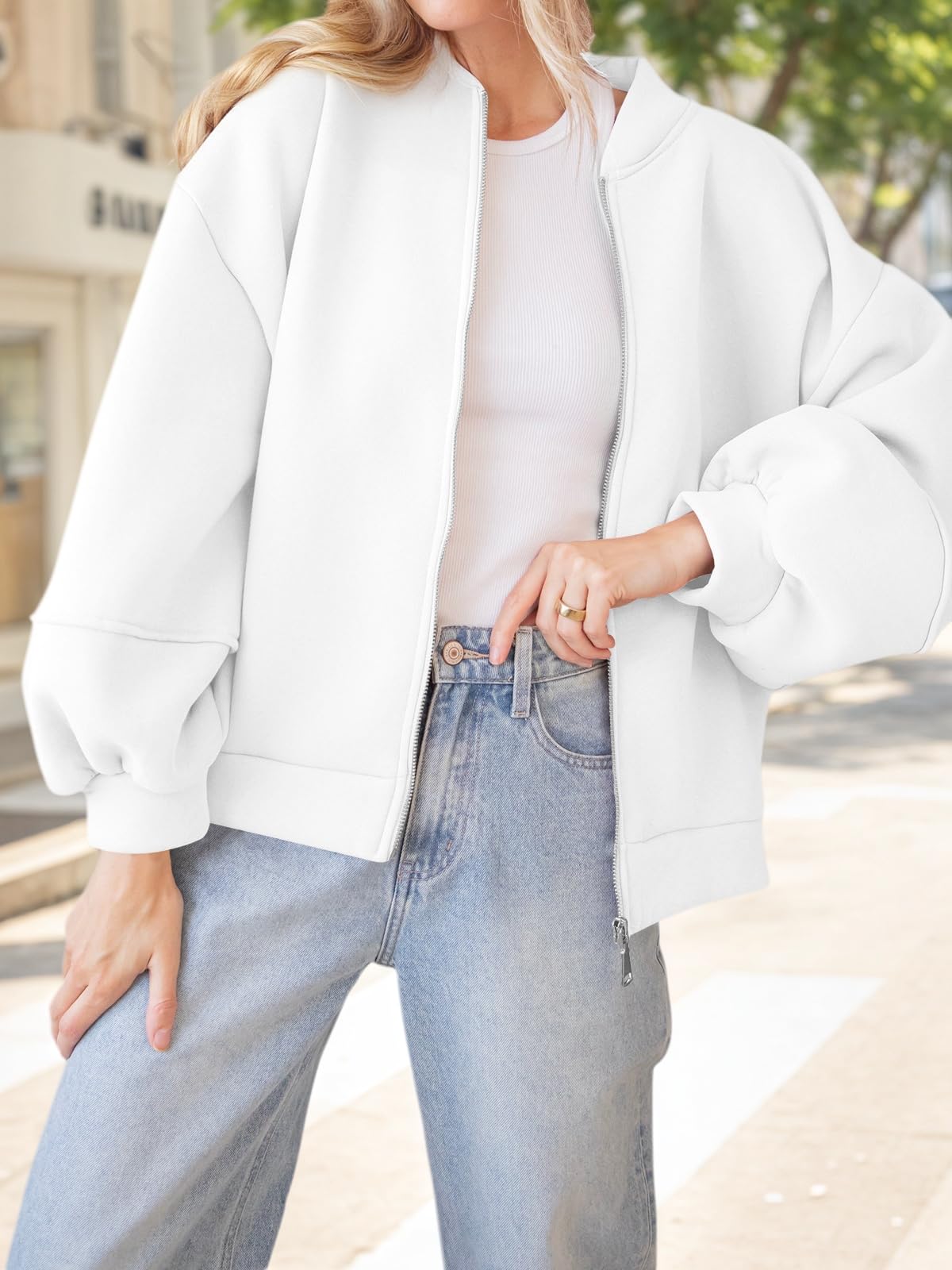 Fisoew Zip-Up Sweatshirt mit Laternenärmeln – Ansicht 3