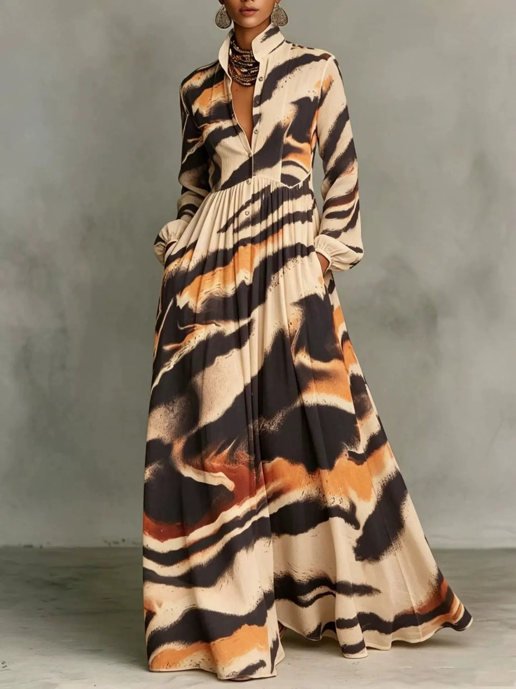 Maxikleid mit Stehkragen und Vintage-Print – Bild 3 | LuxeStyle