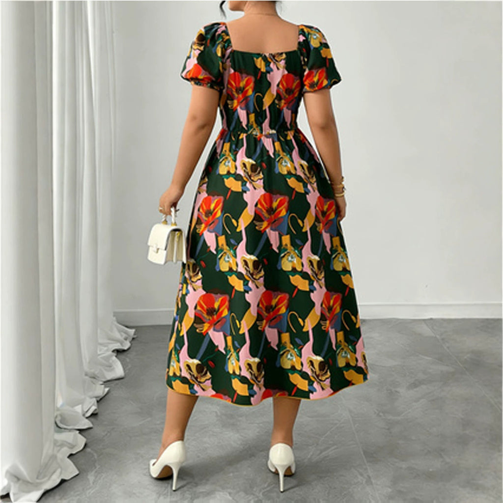 Midi-Kleid mit Blumenmuster und Viereck-Ausschnitt