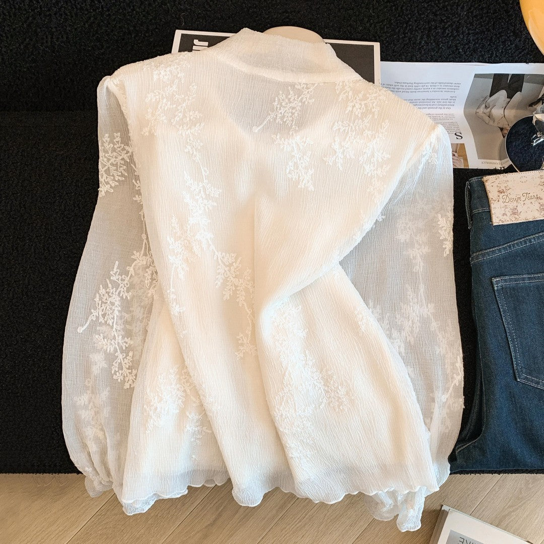 Elegante Jacquard-Bluse mit Spitzen-Details