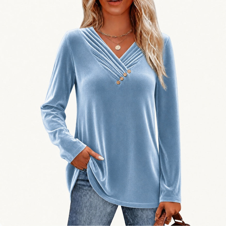 Einfarbiges Langarm-Shirt mit V-Ausschnitt für Damen