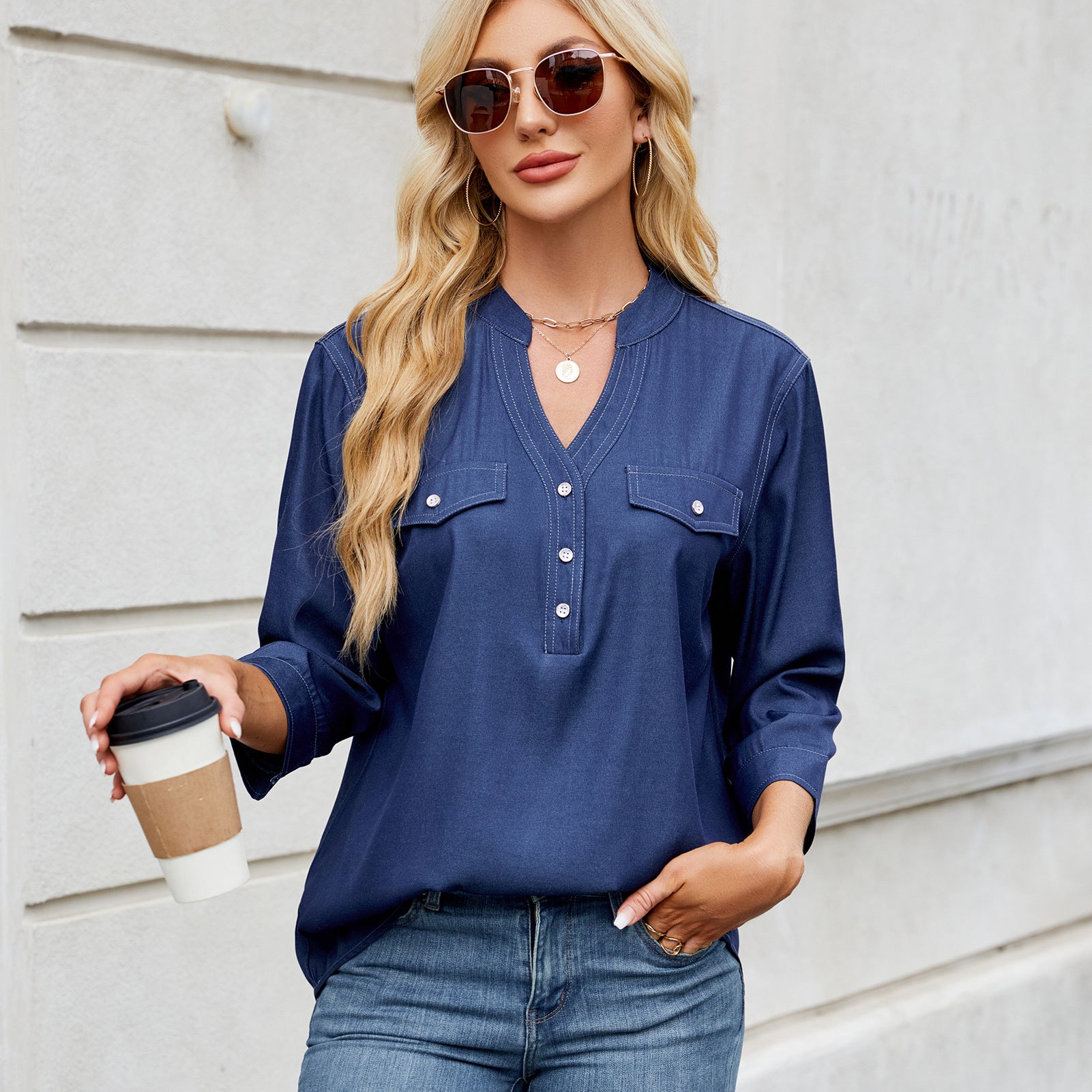 Lockere Faux-Denim-Bluse