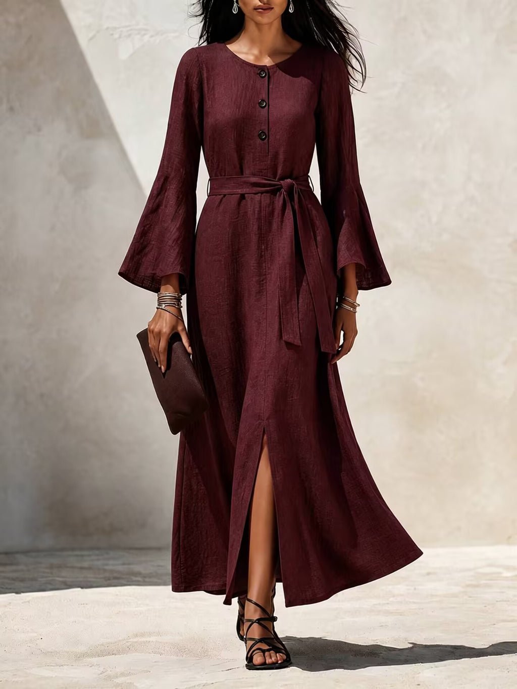 Damen Casual Leinenkleid mit ausgestellten Ärmeln