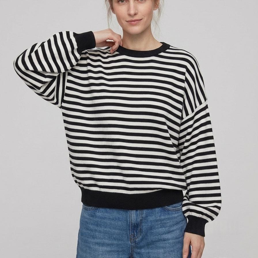 Rückenfreier gestreifter Color-Block Langarmstrickpullover
