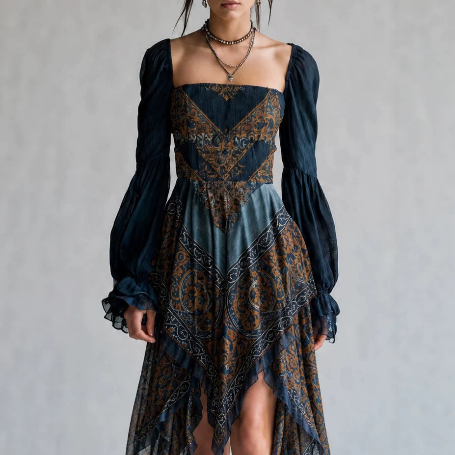 Mittelhohes, langärmliges Patchwork-Midikleid – Bild 4 | LuxeStyle