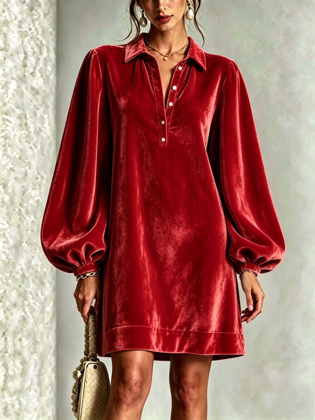 Elegantes Samtblusen-Kleid mit Laternenärmel – Bild 2 | LuxeStyle
