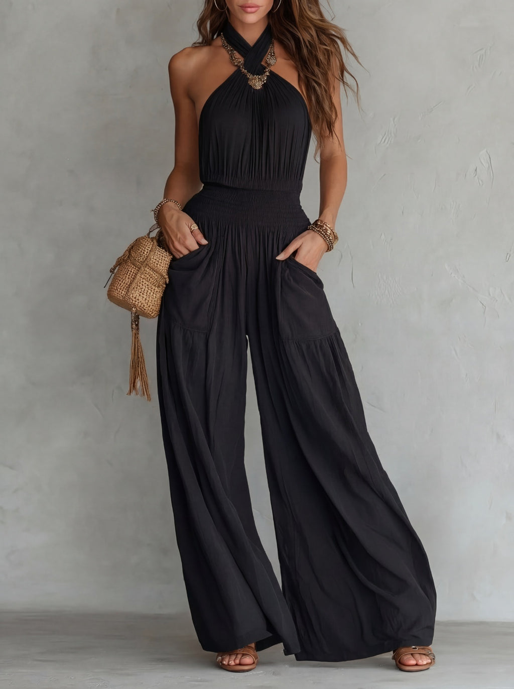 Ärmelloser Jumpsuit mit weitem Bein